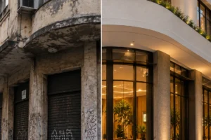 Entrada de edifício antes e depois do retrofit, com fachada degradada transformada em recepção iluminada com vidro e vegetação