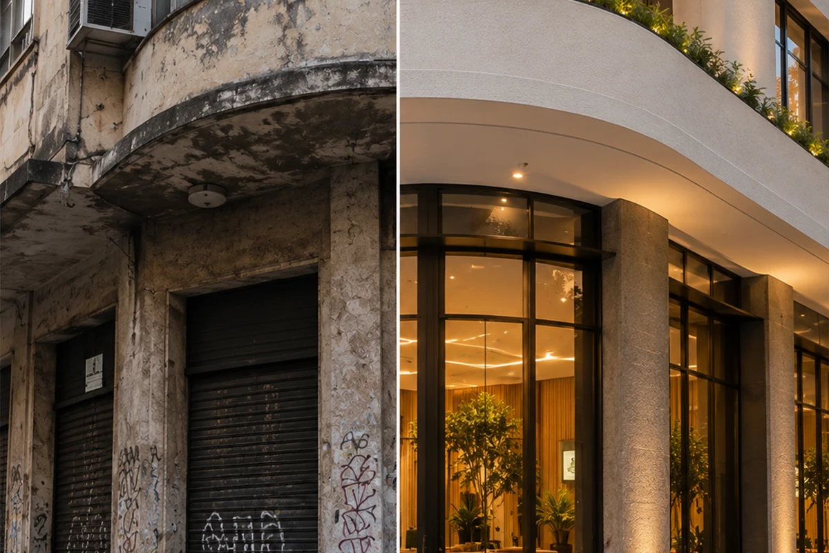 Entrada de edifício antes e depois do retrofit, com fachada degradada transformada em recepção iluminada com vidro e vegetação