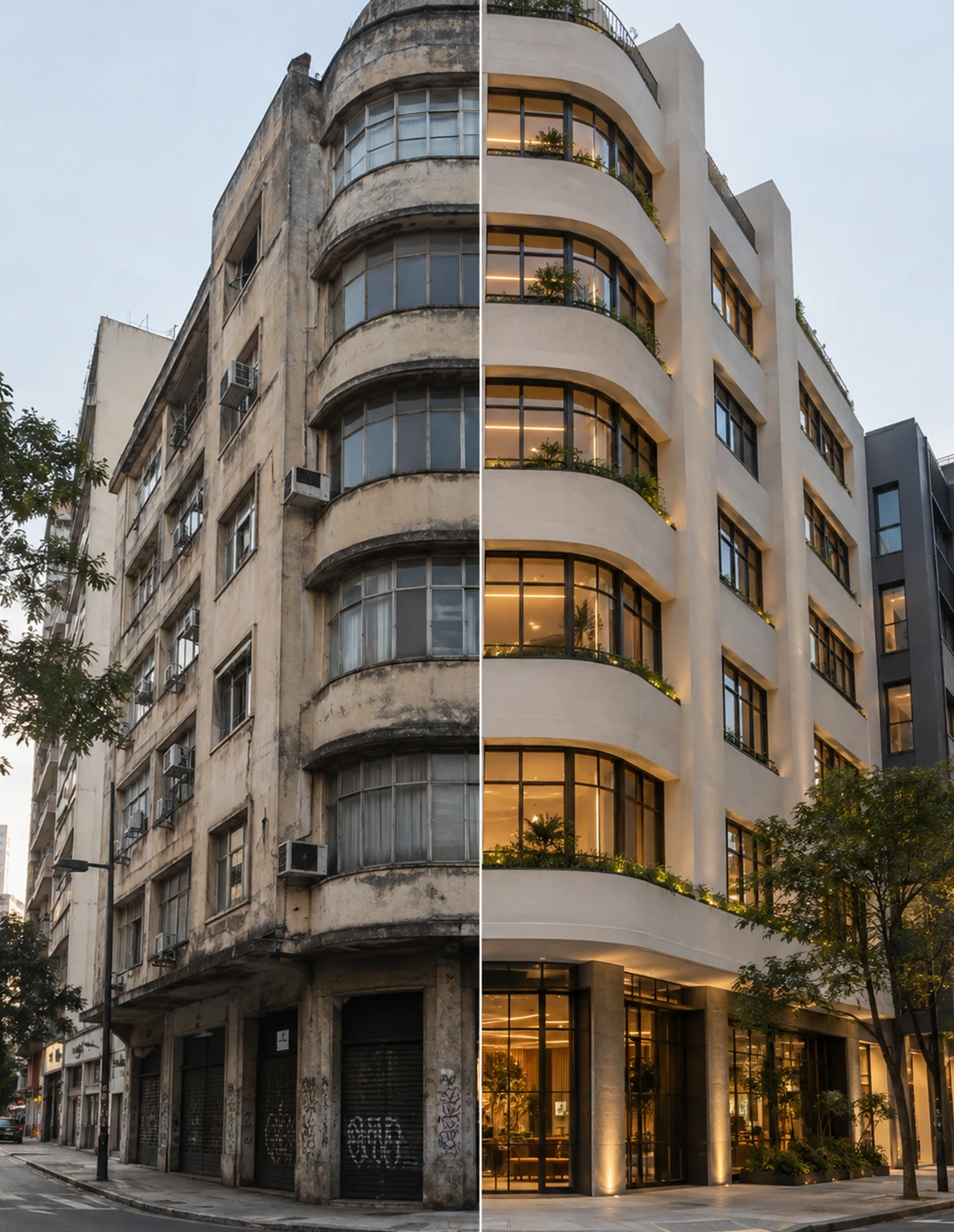 Fachada de edifício residencial antes e depois de um retrofit, mostrando a transformação da construção original em unidades modernas